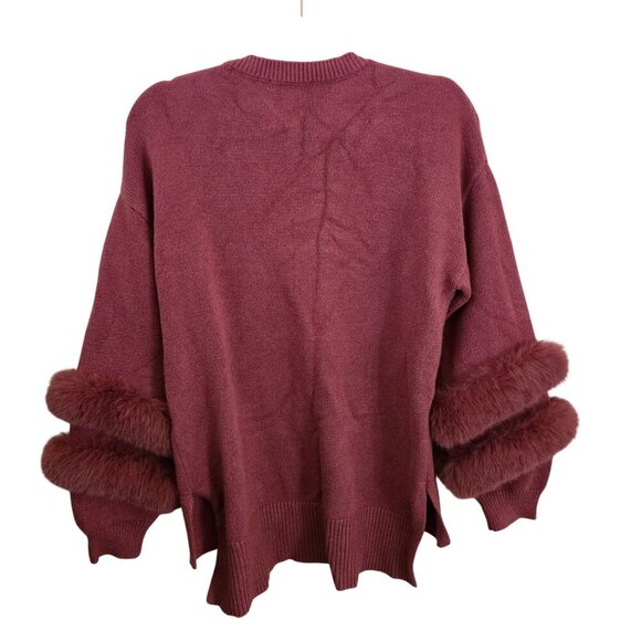 Saks Fifth Avenue Dusty Pink Faux Fur Trim V Neck Sweater Super Soft Size M - Picture 3 of 7